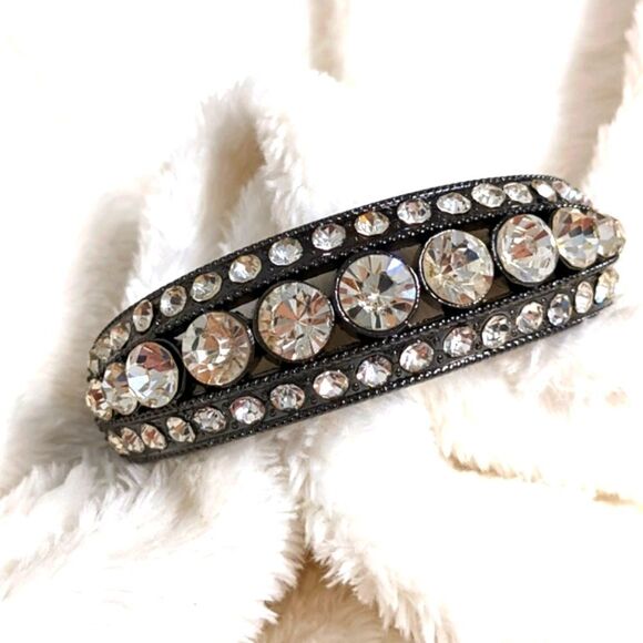 Vintage Gunmetal and Clear Rhinestone Hinged Bracelet - Picture 6 of 14